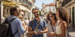 English Language in Portugal: Effortless Communication 28 Expats in Lisbon engaging in conversation with locals, illustrating the use of English Language in Portugal