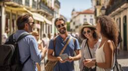 English Language in Portugal: Effortless Communication 23 Expats in Lisbon engaging in conversation with locals, illustrating the use of English Language in Portugal