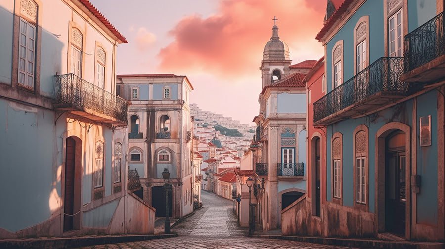 Charming old street in Lisbon, Portugal showcasing vintage architecture.