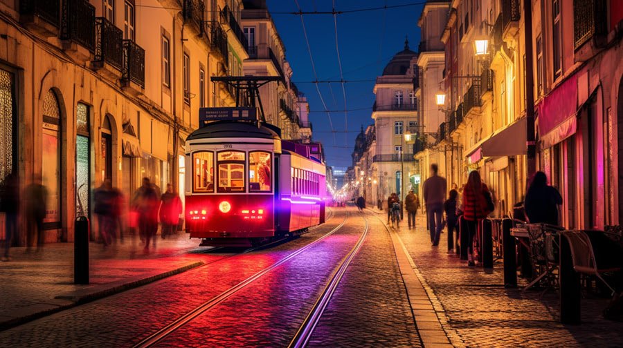 Iconic Lisbon tram passing through a bustling street with historic buildings.