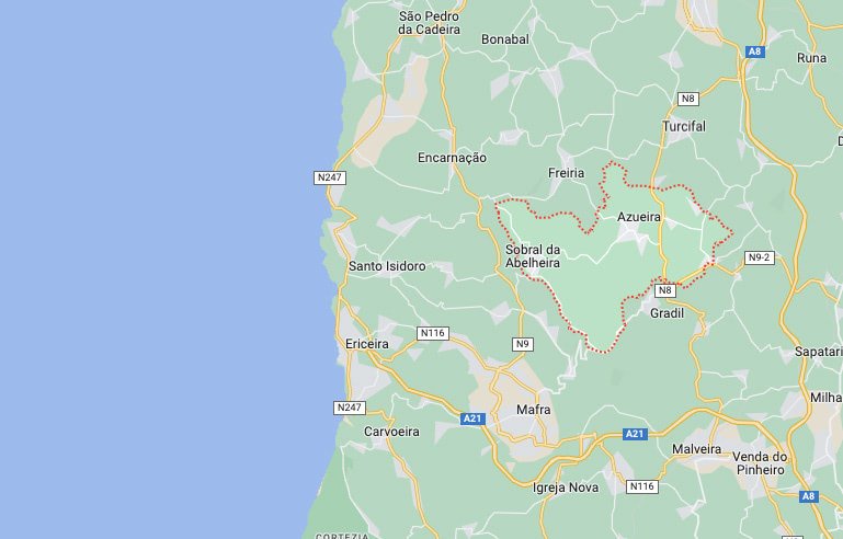 Map of the Lisbon Region highlighting Azueira e Sobral da Abelheira