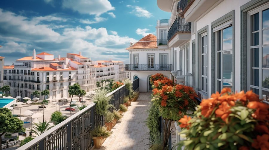 Portugal's Housing Prices in 2023: A Detailed District Breakdown & Insights 1 Stunning balcony adorned with flowers overlooking a Portuguese cityscape